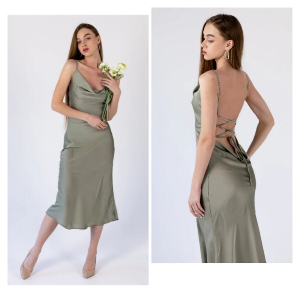 Luxe Satin Olive Green Cowl Slip Midi Dress Lace Up Back Wedding Romantic XS